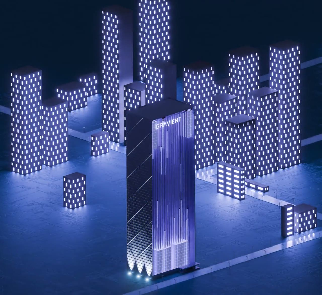A GRAVIENT tower field lit at night